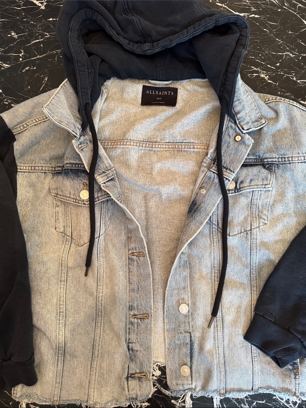 AllSaints Light Blue Denim Jacket with Black Hoodie Sleeves